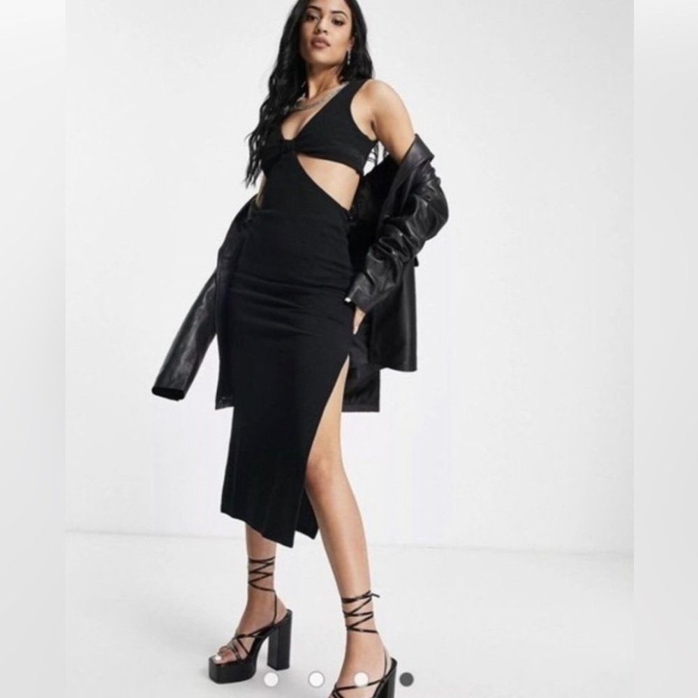 Topshop textured ribbed knot front cut out black tank dress NWT size large